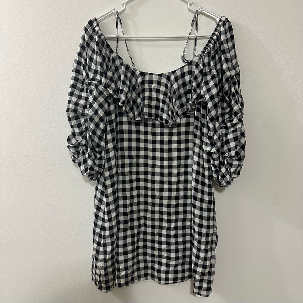 Everly Anthropologie Shift‎ Tunic Dress Gingham Black White Cold Shoulder Medium
